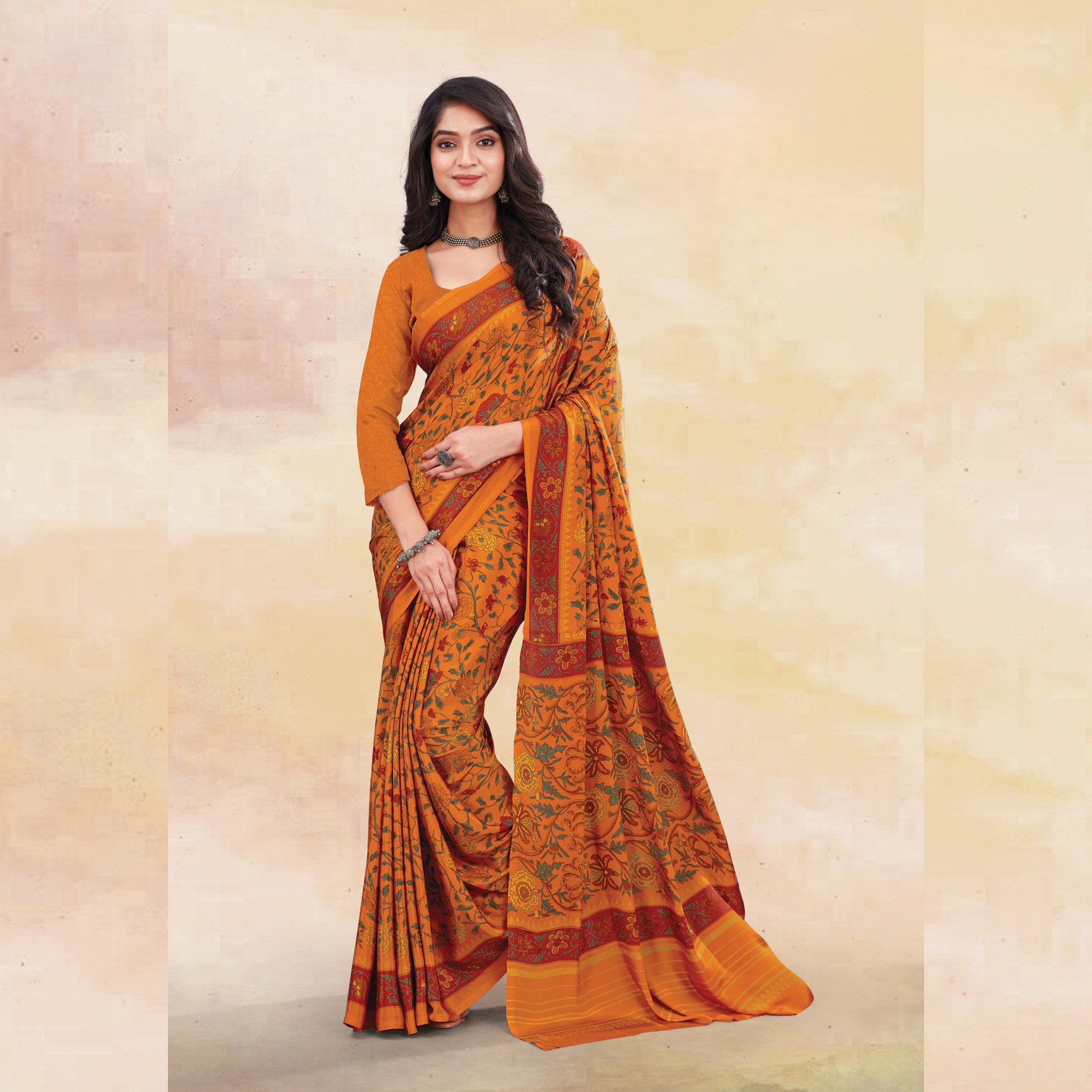 Coffee Orange Premium Italian Silk Crepe Saree Salwar Combo For Teache–  Uniform Sarees